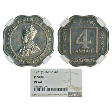 George V, cupro-nickel 4 annas, 1921, proof re-strike, Calcutta mint, PR 876, S&W 8.190. G