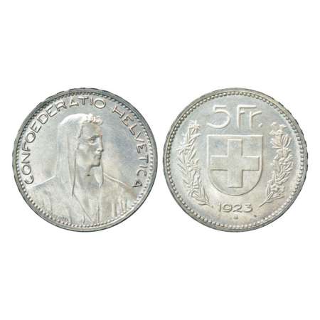 Switzerland, silver 5 francs, AD 1923. 'B' mint mark, 24.94g. Obv: King facing right. Rev: