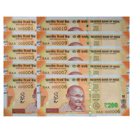 200 rupees, set of 10 fancy number notes, signed by Urjit R. Patel, inset 'L', serial no.: