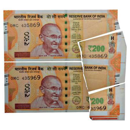 200 rupees, misprint (2), 2018, signed by Urjit R. Patel, without inset, serial no.: 0CM 4