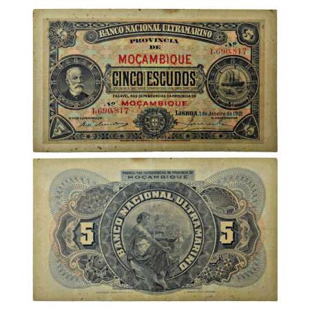 Mozambique, 5 escudos, lisboa, dated 1st January 1921, serial no.: 1,690,817. Minor rust m