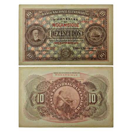 Mozambique, 10 escudos, lisboa, dated 1st January 1921, serial no.: 1,093,232. Minor creas