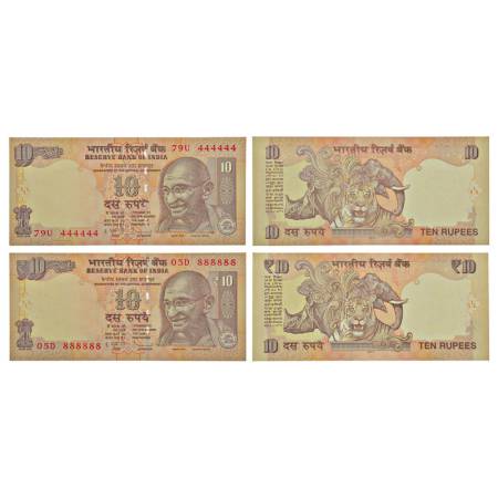 10 rupees, fancy number notes (2), Gandhi series, 2011, signed by D. Subbarao, inset 'A', 