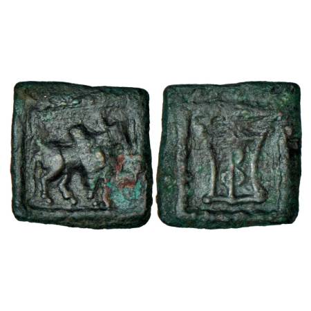 Indo-Greeks, Apollodotos II (80-65 BC), uninscribed copper coin, 1.49g. Obv: Bull walking 