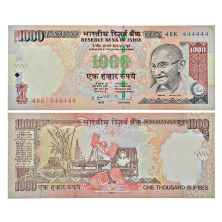 1000 rupees, fancy number, Gandhi series, 2010, signed by D. Subbarao, inset 'L', serial n