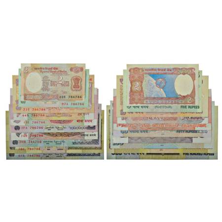 Fancy number set of 10 notes, 2 rupees to 500 rupees, various Governors' signature and ins