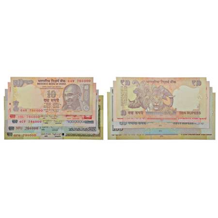 Fancy number set of 5 notes, 10 rupees to 500 rupees, signed by D. Subbarao / Raghuram Raj