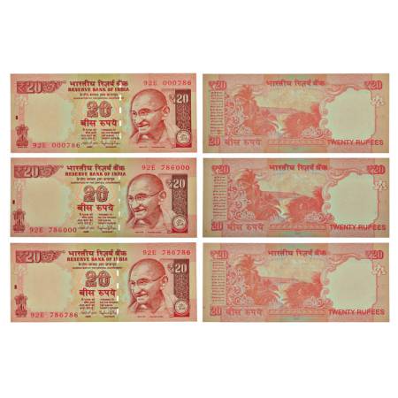 20 rupees, fancy number notes (3), Gandhi series, 2015, signed by Raghuram Rajan, without 