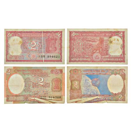 2 rupees, misprint notes (2), Tiger and Aryabhatta series, signed by R.N. Malhotra, serial