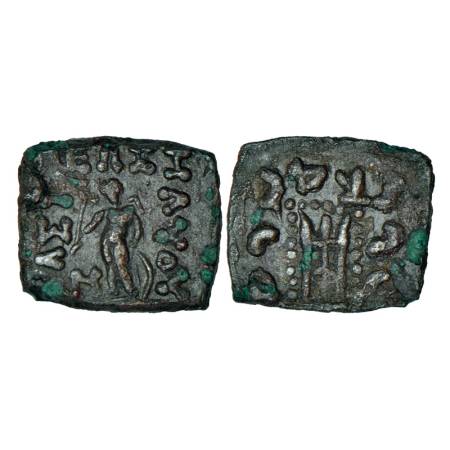 Indo-Scythians, Maues (125-85 BC), copper fractional coin, 2.23g. Obv: Apollo standing fac