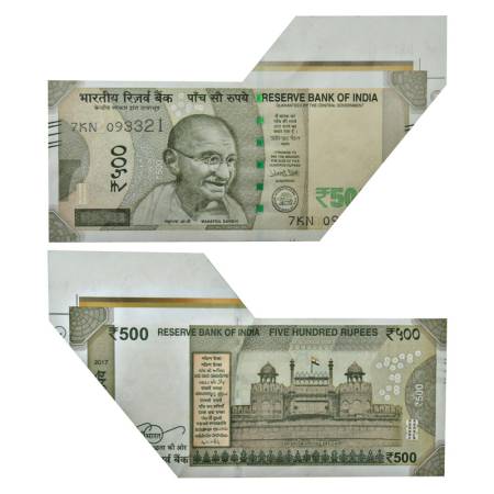 500 rupees, 4th issue, misprint, 2017, signed by Urjit Patel, inset 'E', serial no.: 7KN 0