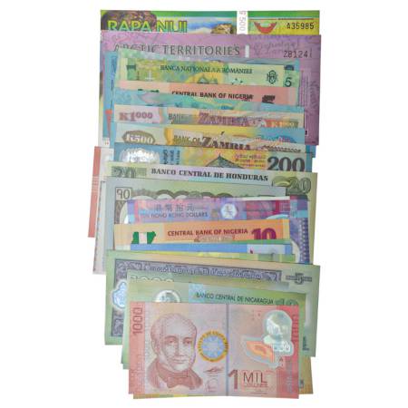 A group of 32 different foreign polymer notes, various country and denomination. (32 notes