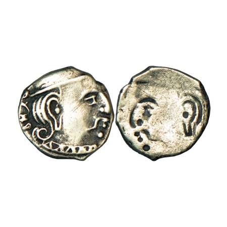 Western Kshatrapas, Rudrasena III (348-378 AD), obverse brockage (“lakhi”), silver drachm,