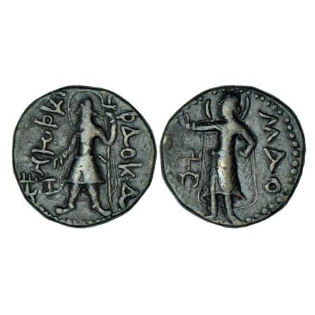 Kushans, Kanishka I (127-152AD), copper coin, 16.34g. Obv: Nimbate bearded King standing i