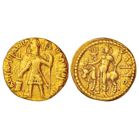 Kushan, Vasudeva I (190-225 AD), gold dinar, 7.80g. Obv: King standing at an alter offerin