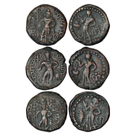 Yaudheyas tribal republic (3), three copper coins of Karttikeya type: (A&B) Pieper 1128, 1