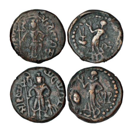 Yaudheyas tribal republic (2), two copper coins of Karttikeya type: (A) Pieper 1128, 11.08