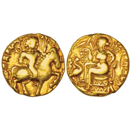 Gupta Empire, Kumara Gupta I (415-455 AD), gold dinar of 'Horseman' type, 8.15g. Obv: King