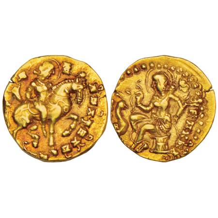 Gupta Empire, Kumara Gupta I (415-450 AD), gold dinar of 'Horseman' type, 8.16g. Obv: King