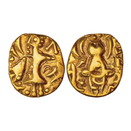Kashmir, Kidarite type base gold dinar, in the name of Pratapaditya (500-600 AD), 7.17g. O