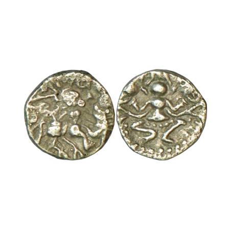 Kashmir, Harshadeva (1089-1101 AD), silver dinara, 2.24g. Obv: Man holding spear on horseb