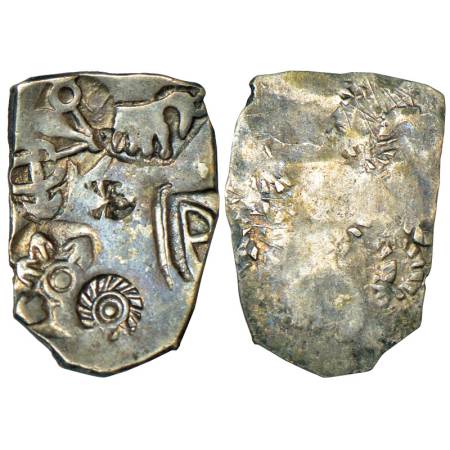 Imperial Magadhan silver punch-marked Karshapana coin (400-350 BC), 3.51g. Obv: Six punche
