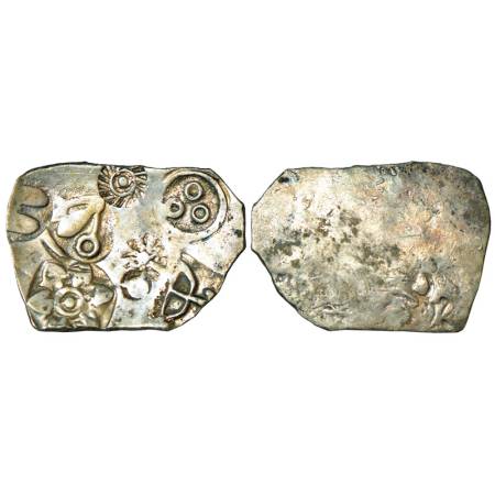 Imperial Magadhan silver punch-marked Karshapana coin (400-350 BC), 3.43g. Obv: Six punche