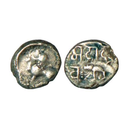 Yadavas of Devagiri, Mahadeva (1261-1271 AD), silver dramma, 0.90g. Obv: Lion to left with