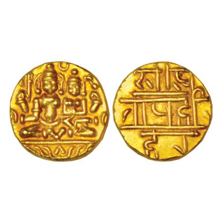 Vijayanagar, Sangama dynasty, Hari Hara II (1377-1404 AD), gold ½ pagoda, 1.71g. Obv: Shiv