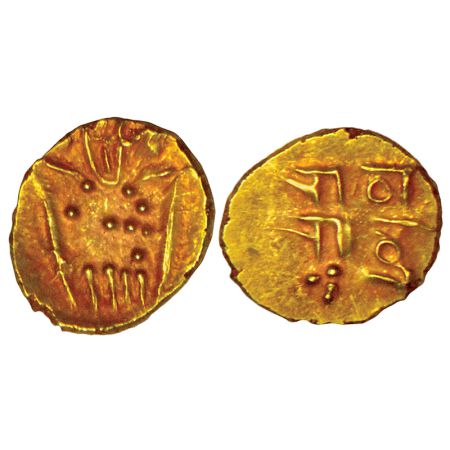 Maratha of Gingee, Raja Ram (1690-1698 AD), gold fanam, 0.37g. Obv: Stylized half-length f