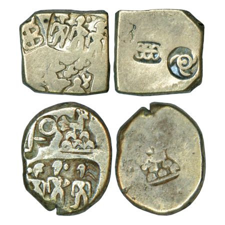 Imperial Magadhan silver punch-marked karshapana coins (2), (A) 3.32g, Obv: Three punches: