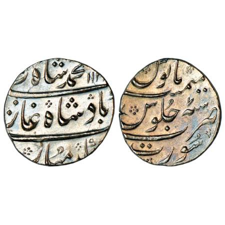 Muhammad Shah (1719-1748 AD), silver rupee, 11.52g, Surat mint, AH 11xx/RY 7. KM 436.60. V