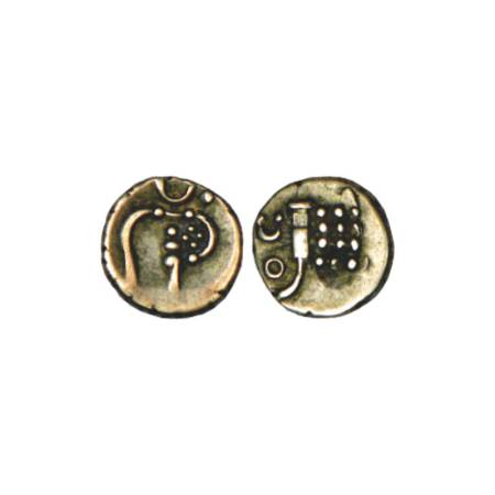 Cochin, British Protectorate, silver 2 puttuns, 1.08g. Obv: Sun, moon above 'lazy J' and d