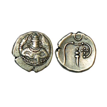 Cochin, British Protectorate, silver 2 puttuns, 1.08g. Obv: Shiva facing front with a serp