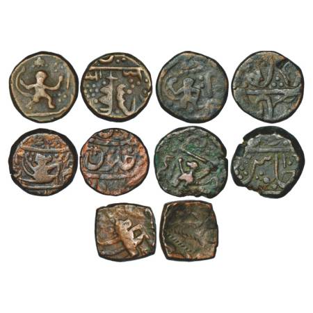 Dhar, copper paisa (5), 4x round, 14.04g, 13.51g, 12.90g and 11.99g & 1x square, 12.61g. V