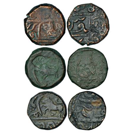 Indore, Vagh Raja, copper paisa (3), 14.31g, 14.06g and 13.29g, Mahidpur mint. Obv: Lion f