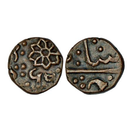 Lunawada, Wakhat Singh (1867-1929 AD), copper ½ paisa, 5.23g. Obv: Eight petaled lotus flo