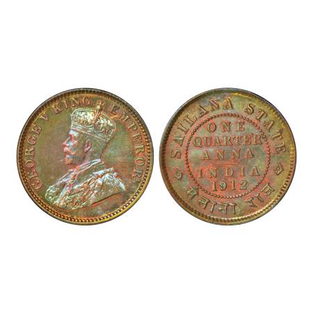 Sailana, Jaswant Singh (1890-1919 AD), copper ¼ anna, 5.24g, AD 1912. Obv: Portrait bust o