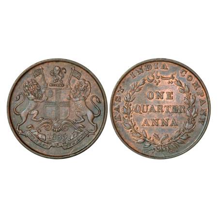 William IV, copper ¼ anna, 1835, Madras mint, 6.27g, 18 Berries (9L+9R), slanting top to n