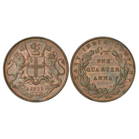 William IV, copper ¼ anna, 1835, Madras mint, 6.38g, 24 Berries (13L+11R), 'Y' of COMPANY 
