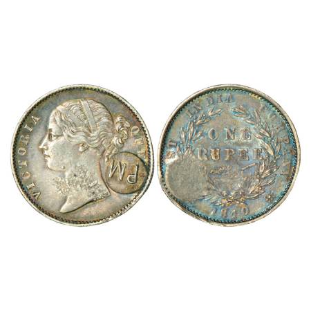 Victoria Queen, divided legend, silver rupee, 1840, Calcutta mint, 11.64g, counter mark 'P
