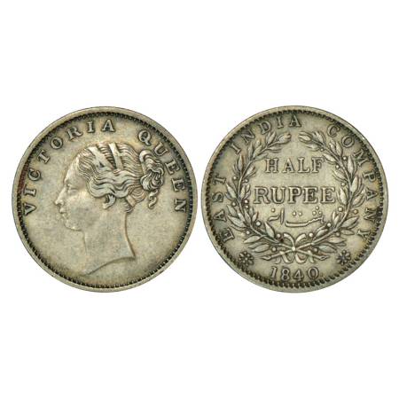 Victoria Queen, continuous legend, silver ½ rupee, 1840, Calcutta mint, 5.80g, Indian Head