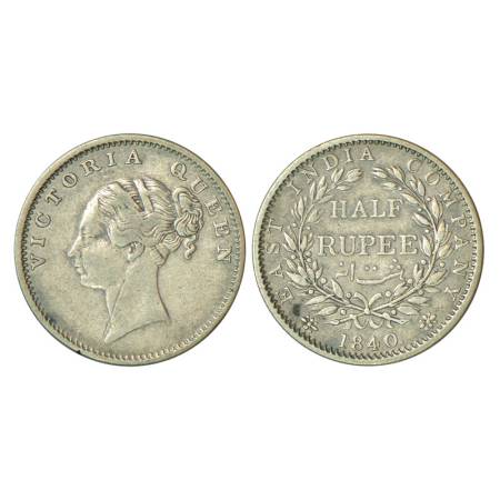 Victoria Queen, continuous legend, silver ½ rupee, 1840, Calcutta mint, 5.73g, Indian Head