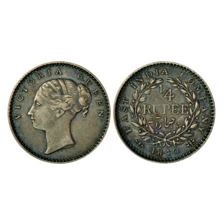 Victoria Queen, continuous legend, silver ¼ rupee, 1840, Calcutta mint, 2.93g, English hea