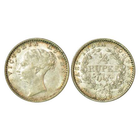 Victoria Queen, continuous legend, silver ¼ rupee, 1840, Calcutta mint, 2.90g, Indian head