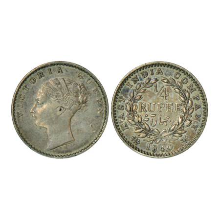 Victoria Queen, continuous legend, silver ¼ rupee, 1840, Calcutta mint, 2.89g, Indian head