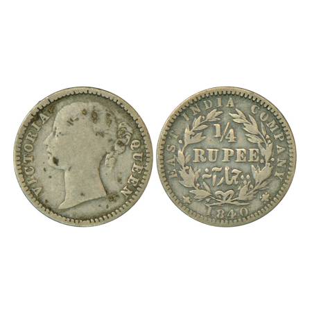 Victoria Queen, divided legend, silver ¼ rupee, 1840, Madras mint, 2.73g, 'W.W.S' raised, 