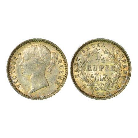 Victoria Queen, divided legend, silver ¼ rupee, 1840, Calcutta mint, 2.92g, 'W.W.' raised,
