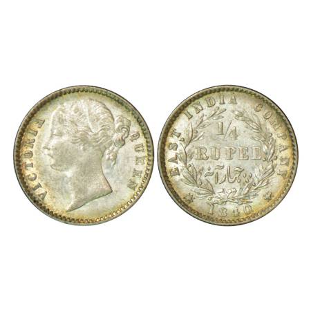Victoria Queen, divided legend, silver ¼ rupee, 1840, Calcutta mint, 2.91g, 'W.W.' raised,
