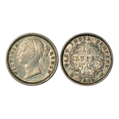 Victoria Queen, divided legend, silver ¼ rupee, 2.88g, 1840, Madras mint, W.W.S. raised, 1